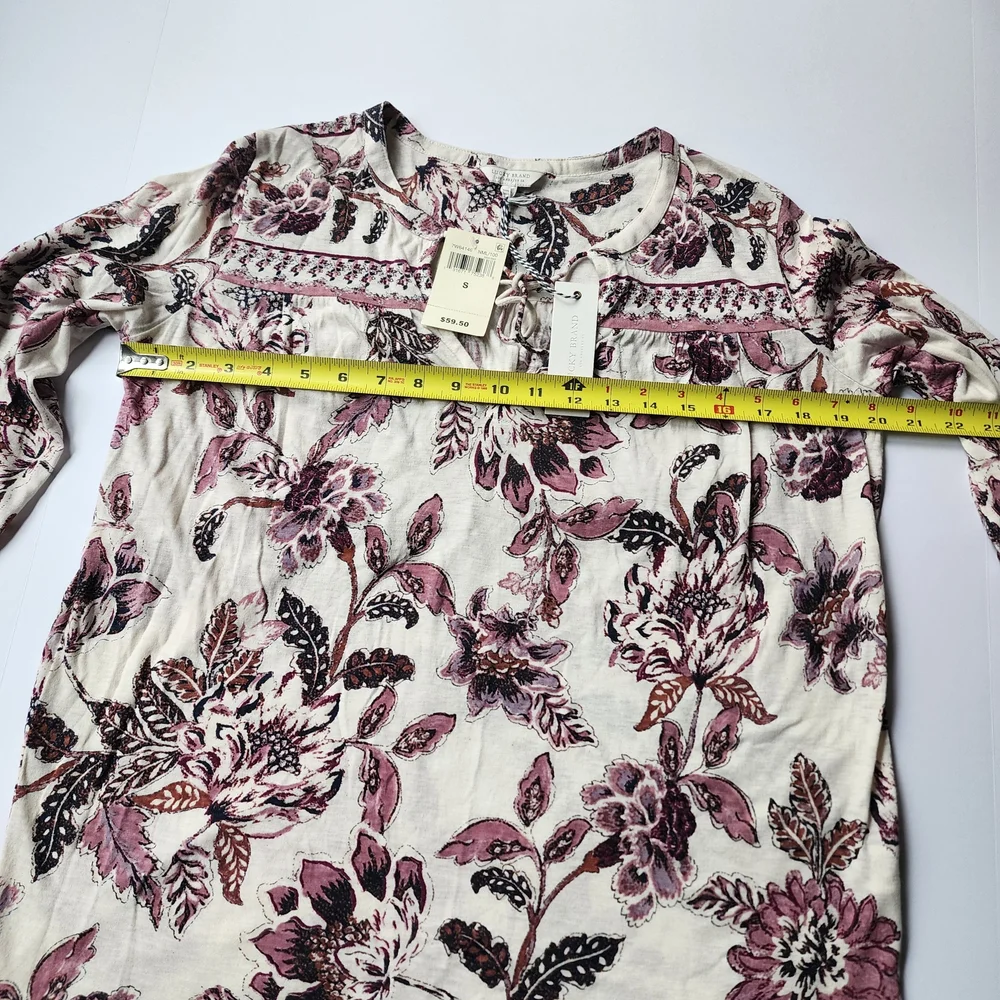 Lucky Brand Floral Long Sleeve Tie Neck Top in Purple and White Sz Small - Picture 6 of 8